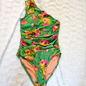 J. Crew Green Floral Ruched One-Shoulder Swimsuit Rose Garden Size 6 NWT